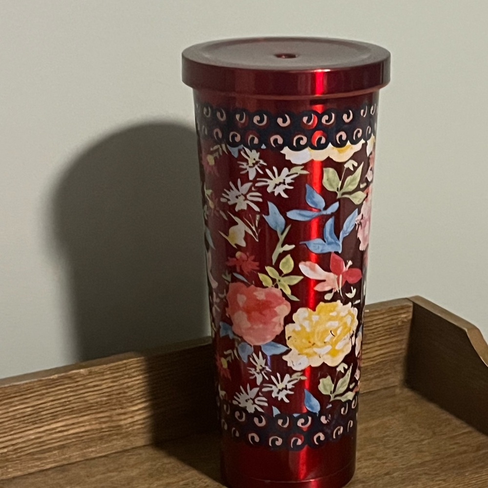 🌺 EUC The Pioneer Woman Floral Dark Red Travel Mug, No Straw Qty 1